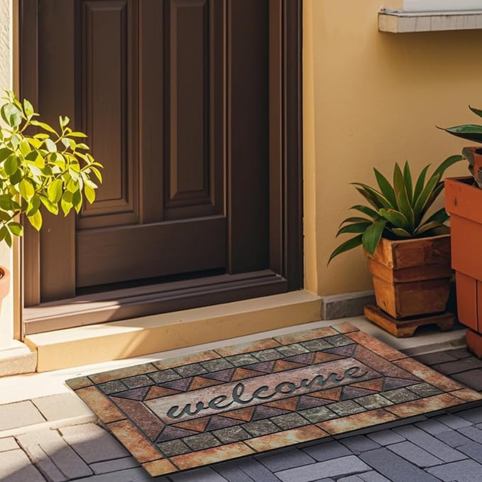 Door Mat Welcome Mat, Heavy Duty Door Mat 23.6 x 35.4 Inch Front Door Mat Rug Doormat for Outdoor Entrance Home Non-Slip Rubber Rug for Front Door, Outside, Entryway, Patio (Brown Welcome)