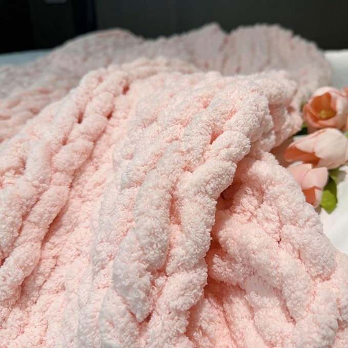 Chunky Knit Blanket Throw 40"×40", Chenille Throw Blankets, Handmade Warm & Cozy Blanket Couch Bed Home Decor, Soft Breathable Fleece Banket, Christmas for Couch Bed Sofa Best Gift (Pink)