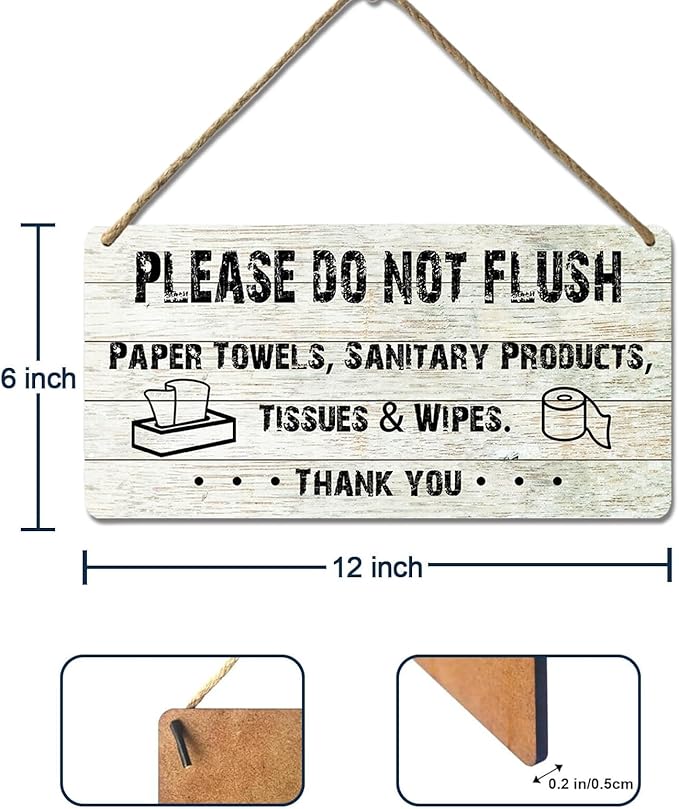Do Not Flush Sign for Bathroom Toilet Signs Please Do Not Flush Paper Towels, Sanitary Products, Tissues & Wipes Vintage Bathroom Wooden Signs for Home Decor Funny Toilet Restroom Sign 12x6 Inch