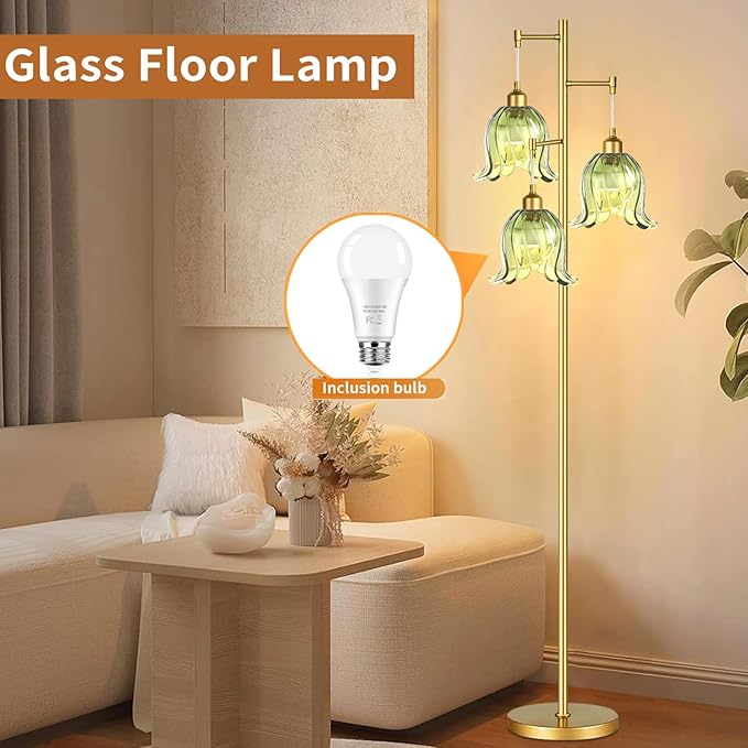 Gold Floor Lamp for Living Room,Bedroom,Tree 3 Light Standing Lamp Mid Century Modern Brass Tall Floor Lamps Vintage Retro Floor Lights Green Glass Flower Lamp Shade Farmhouse Boho Bohemian