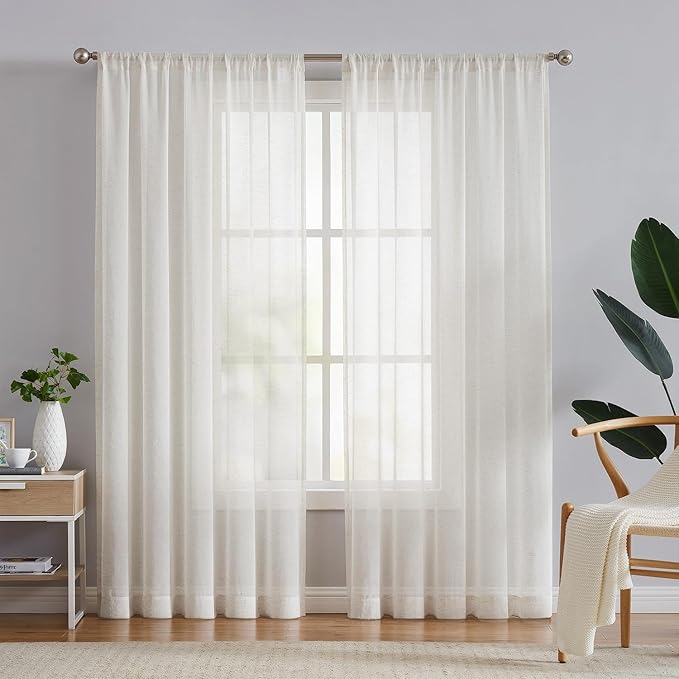FMFUNCTEX Linen Sheer Curtains for Bedroom, Beige Curtains 72 inches Long for Living Room, Natural Flax Blend Window Draperies for Farmhouse Curtain, Rod Pocket 2 Panels
