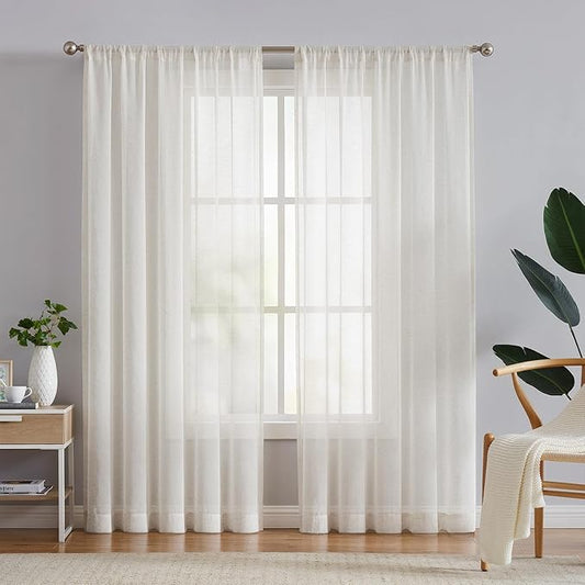 FMFUNCTEX Linen Sheer Curtains for Living Room, Beige Curtains 96 inches Long for Bedroom, Natural Flax Blend Window Draperies for Farmhouse Curtain, Rod Pocket 2 Panels