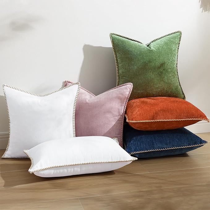 decorUhome Fall Chenille Soft Throw Pillow Covers 20x20 Set of 2, Farmhouse Velvet Neutral Decorative Euro Pillow Covers with Stitched Edge for Couch Sofa Bed Home Decor, Forest Elf