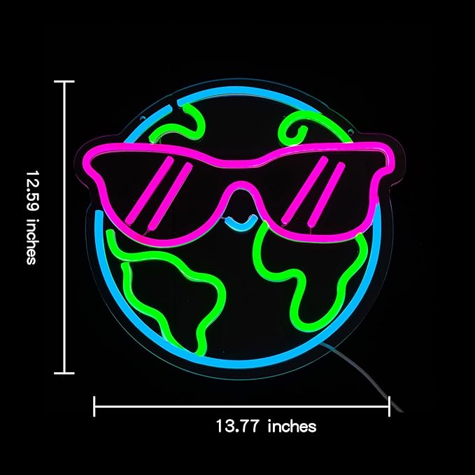 Earth Neon Sign Sunglasses Neon Light for Wall Decor Planet Neon Light Colorful LED Neon sign USB Powered LED Light Up Sign for Bedroom Kids Room Classroom Decoration
