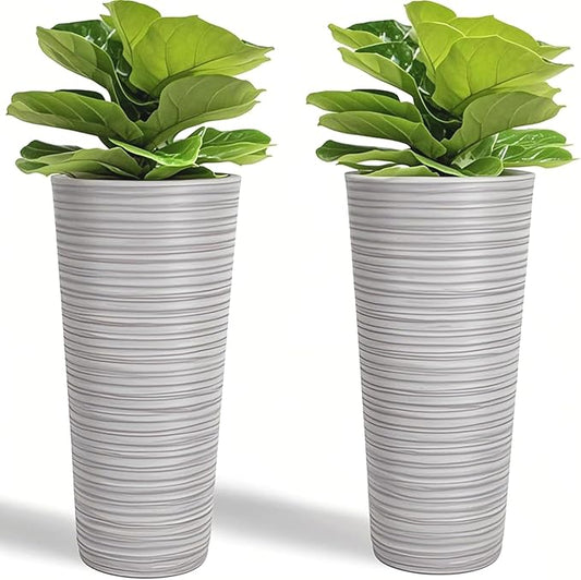 GreenShip 27" Tall Planters, Set of 2 – Black Outdoor Planter for Front Porch & Tall Plants, Weather-Resistant, with Drainage Hole & Rubber Plug (No Plants Included) (Light Gray)