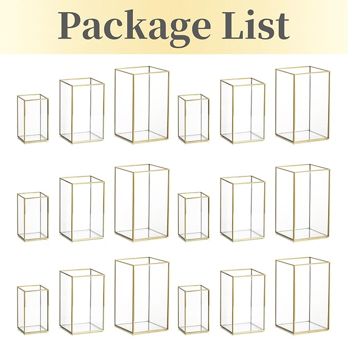 Glass Hurricane Candle Holder Large - Hewory 18pcs Gold Rectangle Flower Holders Centerpiece for Table, Tall Floor Square Pillar Candle Lantern for Wedding, Anniversary, Party, Fireplace, Dining Room