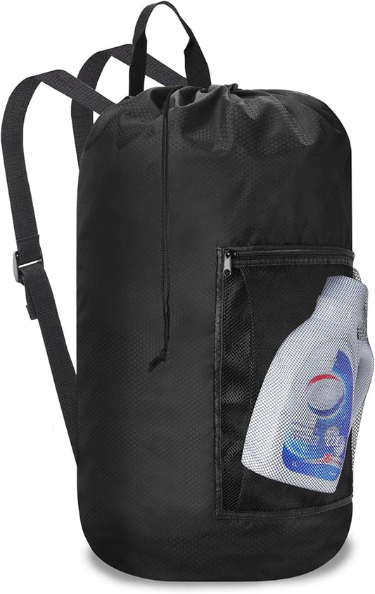 Femuar Laundry Bag Backpack Durable Laundry Bag with Shoulder Straps and Mesh Pockets Portable Laundry Dirty Clothes Hamper Bag for College Dorm (Black)