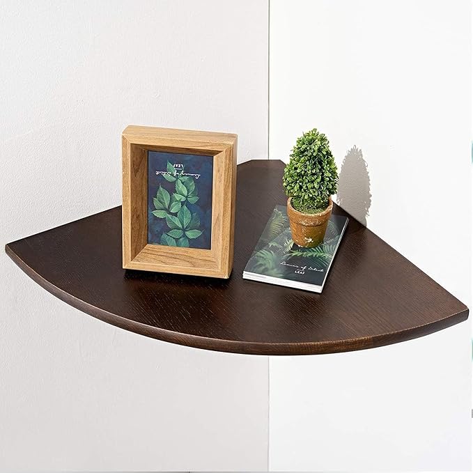 Corner Shelf,14inch Walnut Solid Wood Floating Corner Shelves Wall Mount Round End Floating Speaker Rack with Wire Hole for Small Plant for Bedroom Kitchen, Living Room