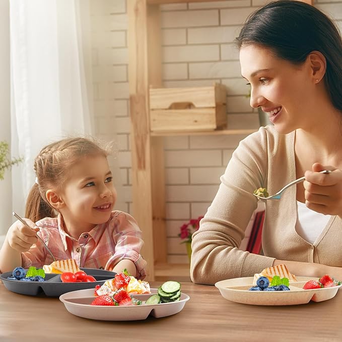 greenandlife 10 Inch 4PCS Unbreakable Portion Control Plates, Divided Plates for Kids Adults, Dishwasher & Microwave Safe Compartment Plate, Lightweight Reusable Wheat Straw Plate, Earth Tone