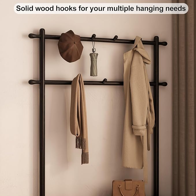 Coat Rack with Shoe Storage, Wooden Hall Tree with Bench, 11 Hooks and 2-Tier Storage Shelves, 3-in-1, Entryway Bench with Coat Rack (39.3"-Black)