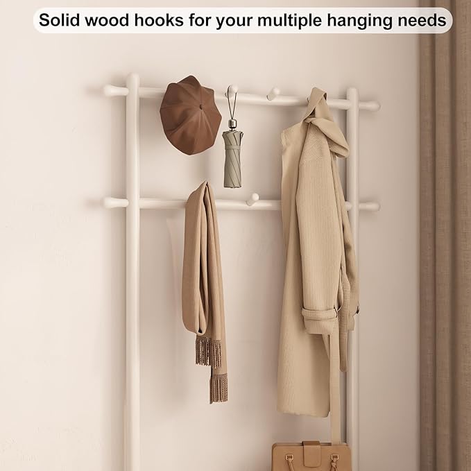 Coat Rack with Shoe Storage, Wooden Hall Tree with Bench, 11 Hooks and 2-Tier Storage Shelves, 3-in-1, Entryway Bench with Coat Rack (31.5"-White)