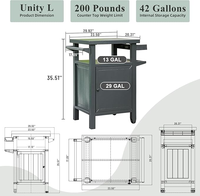 Domi Grill Carts Outdoor with Storage and Wheels, Whole Metal Portable Table and Storage Cabinet for BBQ,Deck,Patio,Backyard(Dark Grey)