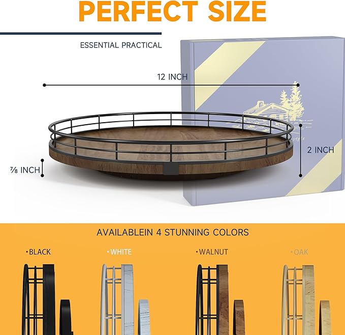 Farmhouse Oak 12" Lazy Susan Turntable Organizer for Cabinet, Round Wooden Lazy Susan Organization and Storage for Dining Table, Pantry, Kitchen, Countertop, Cupboard,Home Decor, Walnut Wood