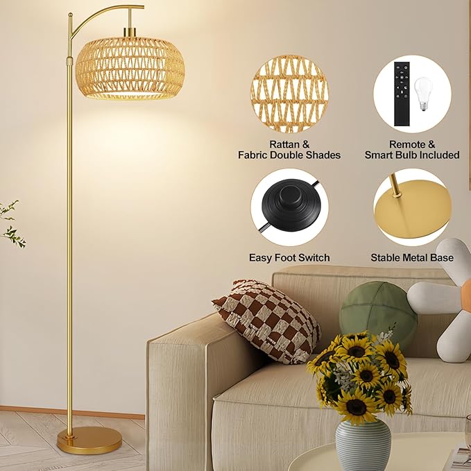 Gold Floor Lamps for Living Room Rattan Boho Floor Lamp with Remote Control,Dimmable Arc Floor Lamp Wicker LampShades Brass Standing Lamp with 3 Color Temperature Tall Floor Lamps For Bedroom Corner