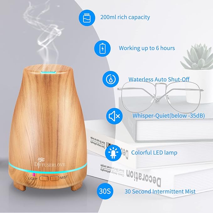 Diffuserlove Essential Oil Diffusers 200ML Diffuser Remote Control Aromatherapy Diffuser with 7 Color Lights, Auto Shut-Off for Bedroom Office Kitchen (Yellow Wood Grain)