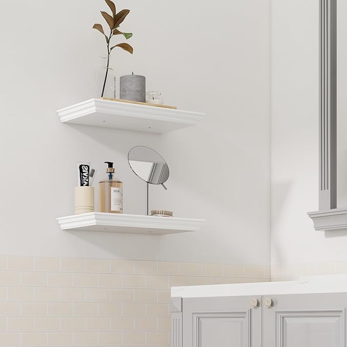 Floating Shelves for Wall, 16 Inch Wall Mounted White Hanging Shelf for Kitchen, Living Room, Office, Bedroom, Bathroom, Retro Vintage Wood Bookshelf for House Decor