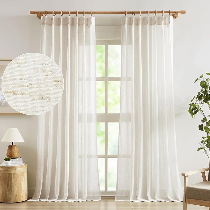 FMFUNCTEX Linen Sheer Pinch Pleated Curtains for Living Room, Linen Flax Beige 108 Inches Long Sheer Curtain See Through Panels for Bedroom, Natural Window Drapes for Farmhouse, Rod Pocket 2 Panels