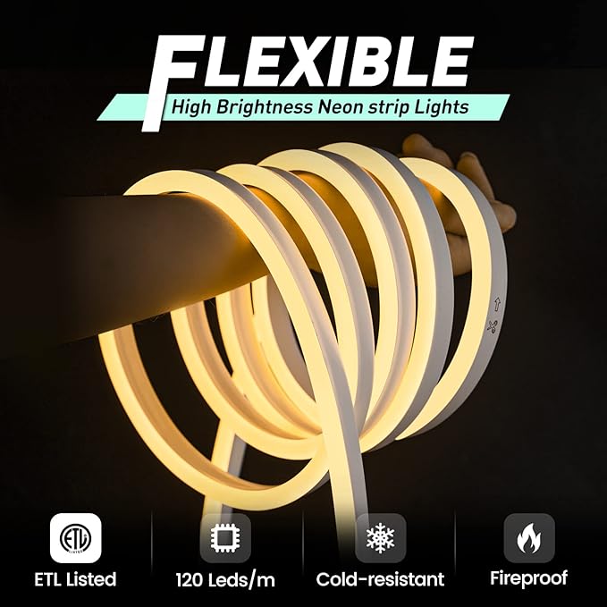 GZBtech Flexible LED Neon Rope Lights 16.4FT,AC 110-120V Waterproof Strip Light, 120LEDs/M Cuttable Connectable Neon Lighting for Indoor Outdoor Home Decor/Commercial Building Use-Warm White 5M