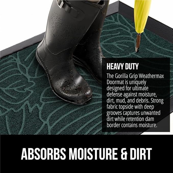 GORILLA GRIP 100% Waterproof All-Season WeatherMax Doormat, 72x24, US Designed Natural Rubber, Stain and Fade Resistant, Low Profile Indoor Outdoor Door Mats, Easy Clean Patio Mat, Green Palm