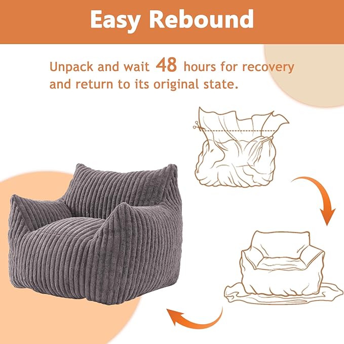 Giant Bean Bag Chairs for Adults with Filling Plush Fluffy Bean Bag Chairs for Teens with Armrests Comfy BeanBag Lazy Couch Sofa Chair for Bedroom Living Room Reading (Dark Gray2, M-for Teens/Adults)