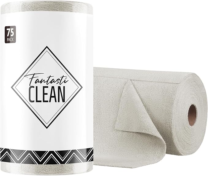 Fantasticlean Microfiber Cleaning Cloth Roll -75 Pack, Tear Away Microfiber Towels, 12" x 12", Reusable, Washable, Scratch Free, Ultra Absorbent Dish Rags for Car, Home, Garage or Shop (Cool Grey)