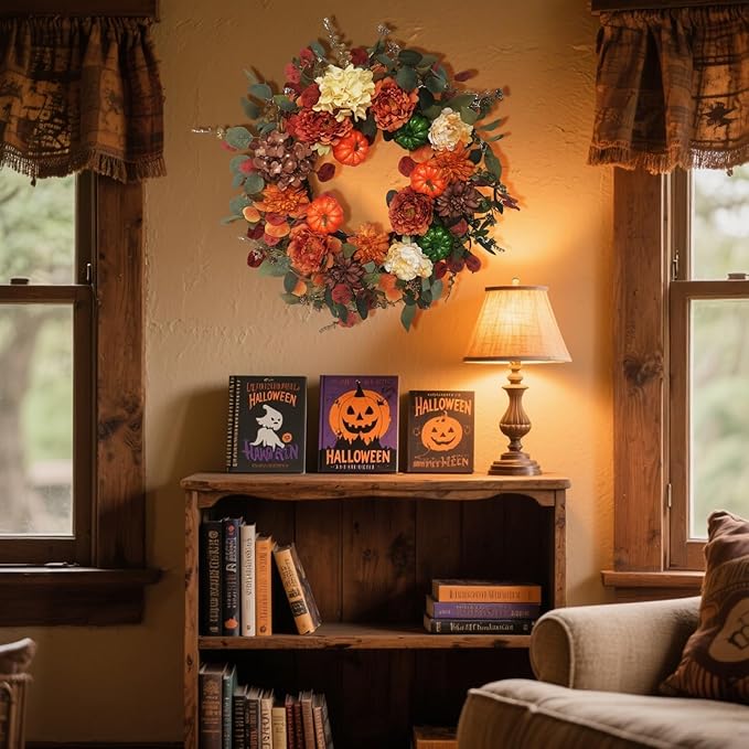 Fall Wreaths for Front Door 24 Inch with Realistic Pumpkin Hydrangea Peony Dahlia Flower, Thanksgiving Harvest Autumn Wreath for Indoor Outdoor Decor, Rustic Farmhouse Seasonal Decoration