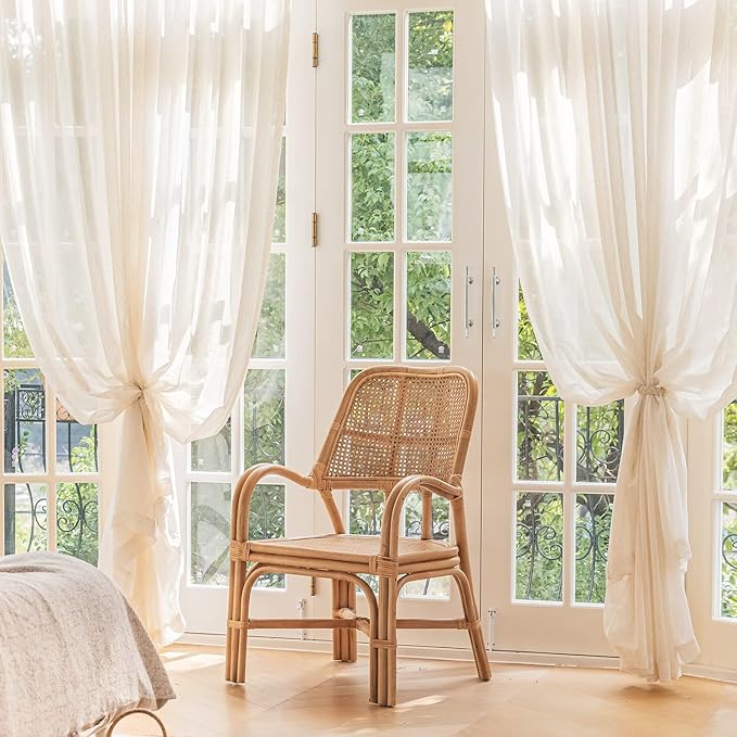 FMFUNCTEX Linen Sheer Pinch Pleated Curtains for Bedroom, Linen Flax Beige 72 Inches Long Sheer Curtain See Through Panels for Living Room, Natural Window Drapes for Farmhouse, Rod Pocket 2 Panels