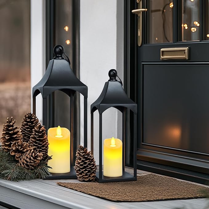 Eufrozy Lanterns Decorative Outdoor Indoor Set of 2 Black Metal Candle Lanterns with Flameless Candle, Modern Farmhouse Lantern Decor for Porch Patio Fireplace Mantle Kitchen Table Christmas Gifts