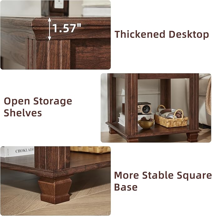 Farmhouse End Table Set of 2,Large Side Table with 2-Tier Storage Shelf,Rustic Brown End Tables for Living Room,Square Tea Table,Walnut
