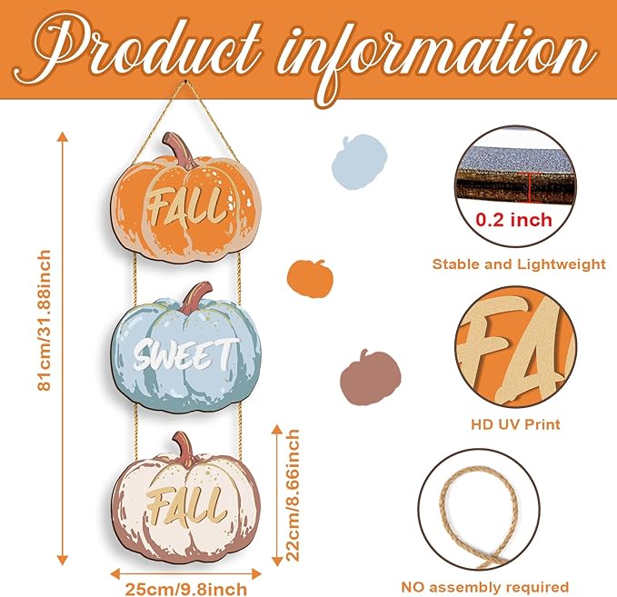 COLOR VALLEY ART Fall Pumpkin Welcome Sign Hello Fall Wood Hanging Decoration Autumn Wooden Signs Rustic Thanksgiving Decorative for Porch Home Wall Indoor Outdoor Decor, 9.8L''x8.6W''*3Pcs(Fall Pumpkins)