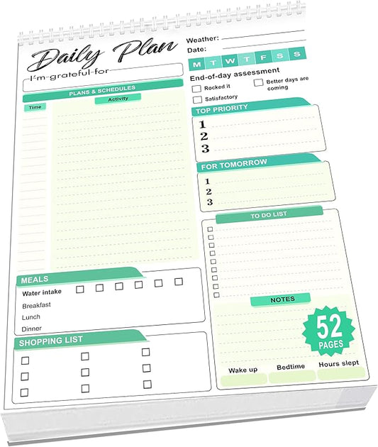 Daily Plan Notepad, 52 Sheets 8.5" X 11.5" Daily for To-Do Lists, Habit Tracking, Academic Scheduling, and Productivity Goals - Perfect for Work, Home, and Office Organization - Turquoise Style