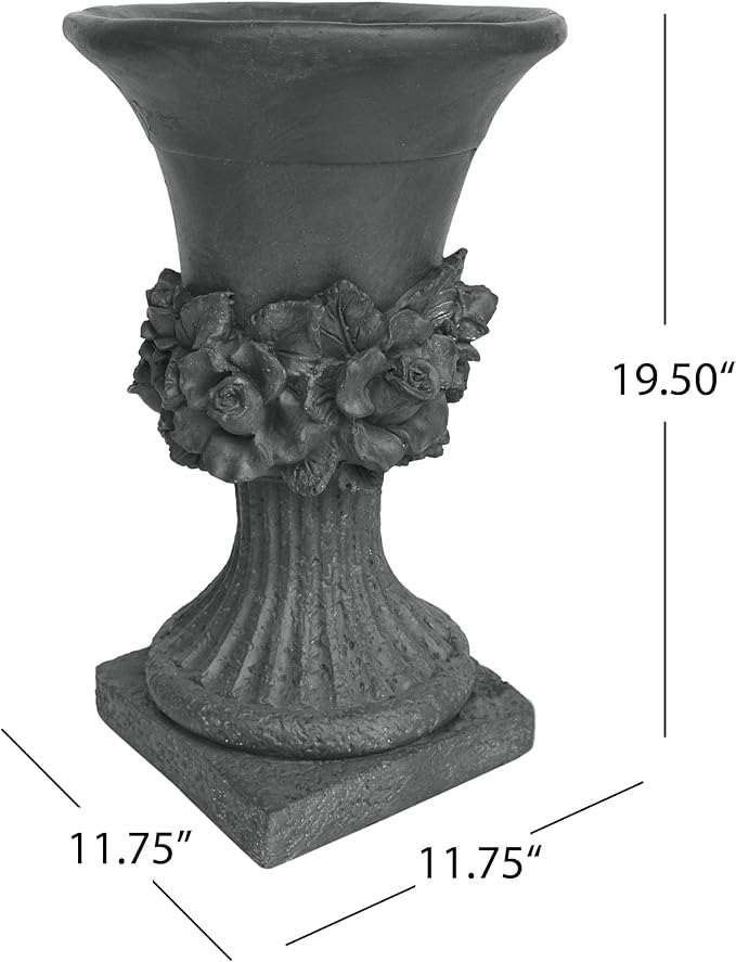Christopher Knight Home Jorine Light Concrete Planter, Patio Planter, Mid-Centry Gadern Urn, Large Garden Pot, Floral Relif Design, Flower Urn with Drainage Hole for Backyard Home, Antique Gray