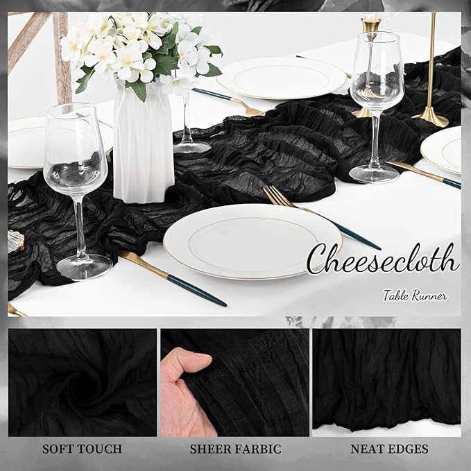 10FT 12 Pack Black Cheesecloth Table Runner 20 x 120 Inch Long Boho Fabric Rustic Cheese Cloth Table Runner for Wedding Bridal Shower Baby Shower Gauze Sheer Birthday Party Table Decorations