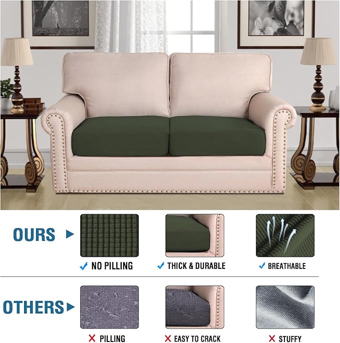 H.VERSAILTEX Super Stretch Individual Seat Cushion Covers Sofa Covers Couch Covers Slipcover Sets Thick Jacquard Textured Twill Fabric (2 Piece Large Sofa Cushion Covers, Olive)