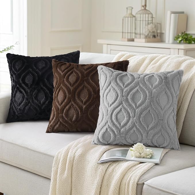 decorUhome Fall Throw Pillow Covers 24x24 Inch Set of 2, Soft Plush Decorative Faux Fur Black Solid Couch Pillow Covers, Accent Farmhouse Neutral Square Euro Pillow Cases for Sofa Bed Living Room
