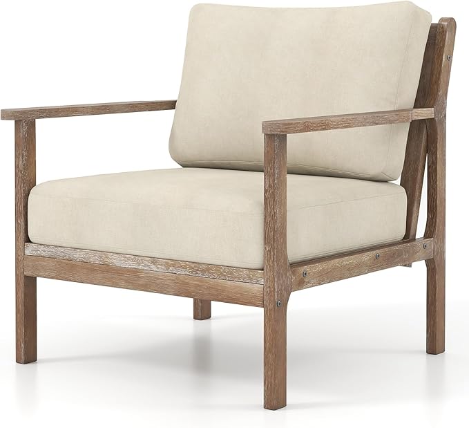 Giantex Mid Century Modern Accent Chair, Wooden Arm Chair w/Solid Wood Frame, Removable Seat Cushion & Pillow, Vintage Comfy Reading Chair for Living Room, Bedroom, Study