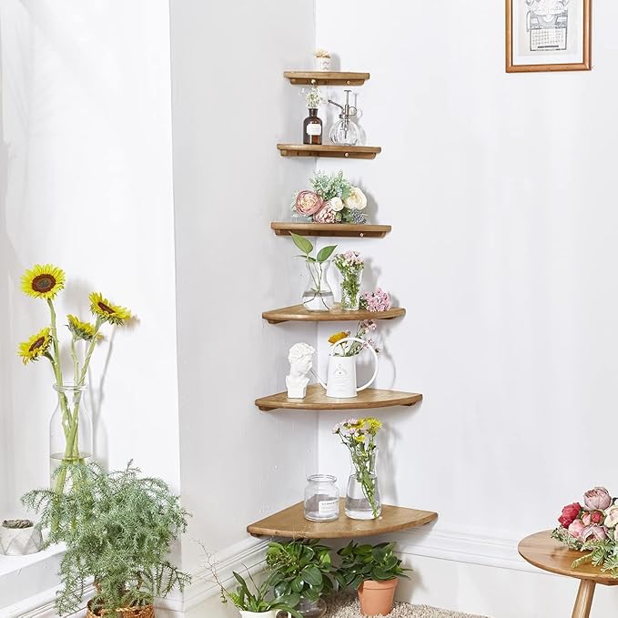 Corner Shelves, Floating Corner Shelf, Set of 2 7inch Solid Oak Wood Wall Shelves, Round End Wall Mount with Wire Hole Shelving for Small Plant for Bedroom Kitchen, Living Room