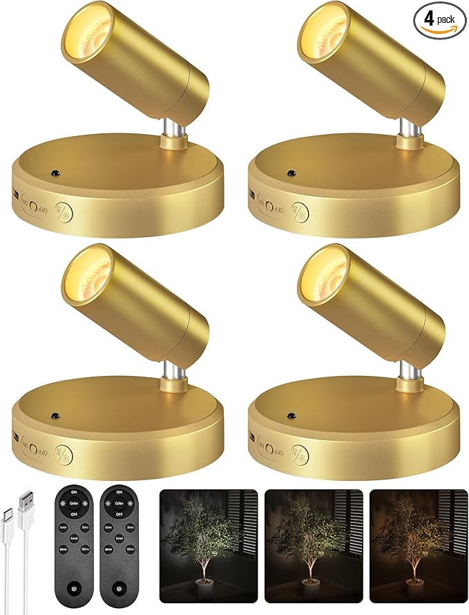 EZVALO LED Spotlight Indoor, 5500mAh Rechargeable Battery Uplighting Indoor, Wireless Mini Art Accent Spot Lights with Remote, for Plants Display Painting Dartboard Artwork Portrait Closet(4Pack-Gold)
