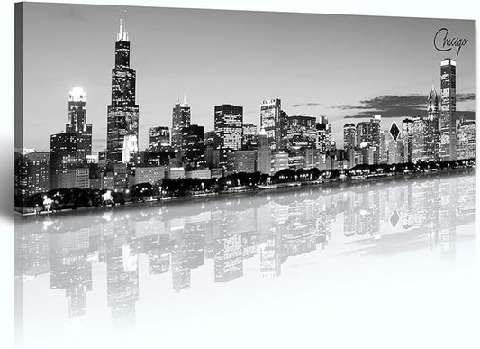 DJSYLIFE Chicago Skyline Wall Art - Black and White Modern Panoramic Cityscape Night View Picture Painting Bedroom Office Living Room Kitchen Home Decoration - Ready to Hang 13.8 "x 47.3" - Chicago 2