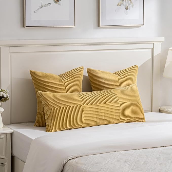 Fancy Homi 2 Packs Mustard Yellow Decorative Throw Pillow Covers 22x22 Inch for Living Room Couch Bed Sofa, Farmhouse Boho Home Decor, Soft Corss Corduroy Patchwork Accent Square Cushion Case 55x55 cm