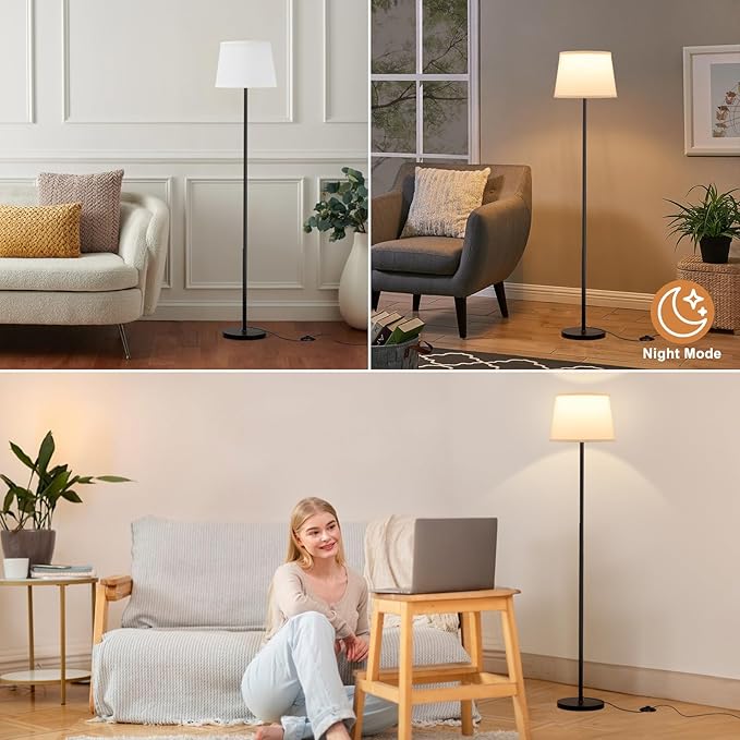 Floor Lamps for Living Room - 3 Color Temperatures Standing Lamp with White Shade, Modern Floor Lamp with LED Bulbs, Black Tall Lamp for Bedroom Office(9W Bulb Included)