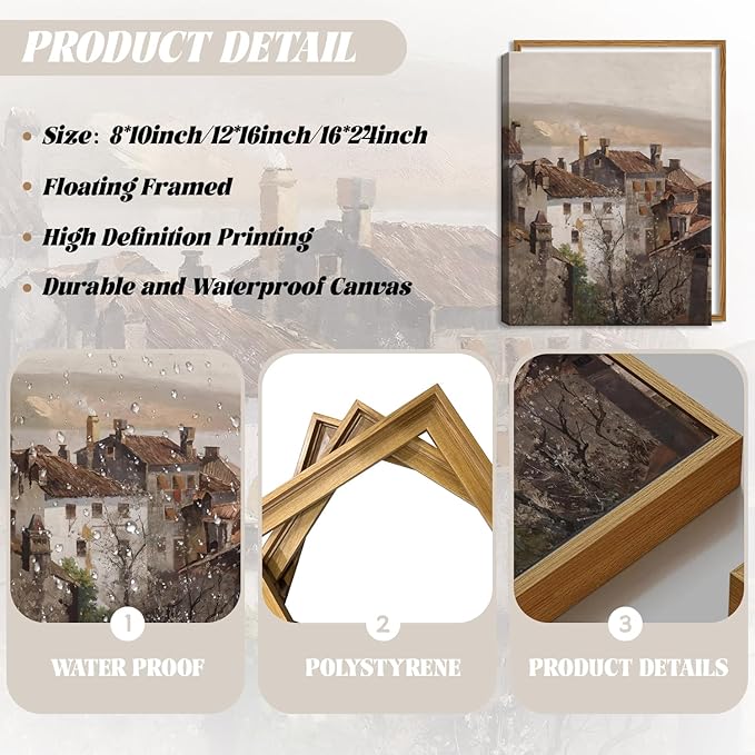 Floating Framed Vintage Canvas Wall Art, European Country Towns Wall Decor Oil Paintings Artwork, Rustic Farmhouse Posters Prints Pictures for Living Room Hallway Bedroom 16x24 inch