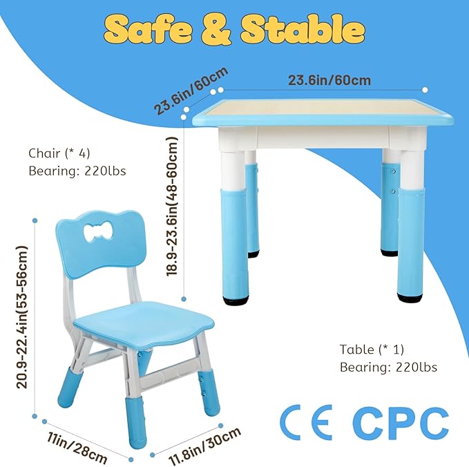 FUNLIO Kids Table and 4 Chairs Set, Height Adjustable Toddler Table and Chair Set for Ages 3-8, Easy to Wipe Arts & Crafts Table, for Classrooms/Daycares/Homes, CPC & CE Approved (5-Piece Set) - Blue