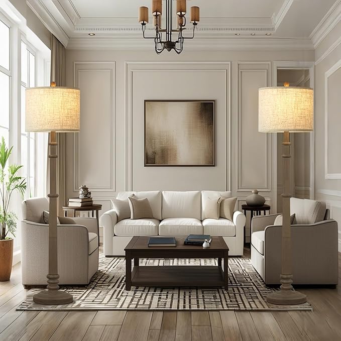 Floor Lamps for Living Room - 60" Resin Farmhouse Floor Lamp with 3 Color Temperatures - Vintage Standing Lamp Reading Light with Linen Shade Retro Tall Lamp for Bedroom Office, Grey