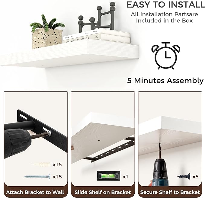 Floating Shelves - 2 Large Wall Mounted Shelves with Invisible Brackets, Long Wood Floating Wall Shelf for Living Room, Bedroom, Kitchen (White, 24" W x 9" D x 1.5" H)