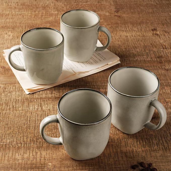 famiware Coffee Mugs Set of 4, Ocean Square 13oz Coffee Cup Set with Handle for Cocoa, Milk, Hot Chocolate, Tea, Water, Stoneware Cups for Kitchen, Microwave and Dishwasher Safe, Light khaki