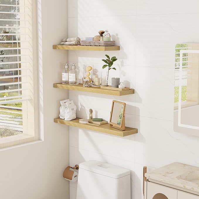 Fun Memories Floating Shelves Wall Shelf 24 inches Long, Farmhouse Bathroom Shelves Bedroom Kitchen Living Room Shelf Wall Mounted, 24 x 6.7 x 1.4 inch Set of 3, Oak Color