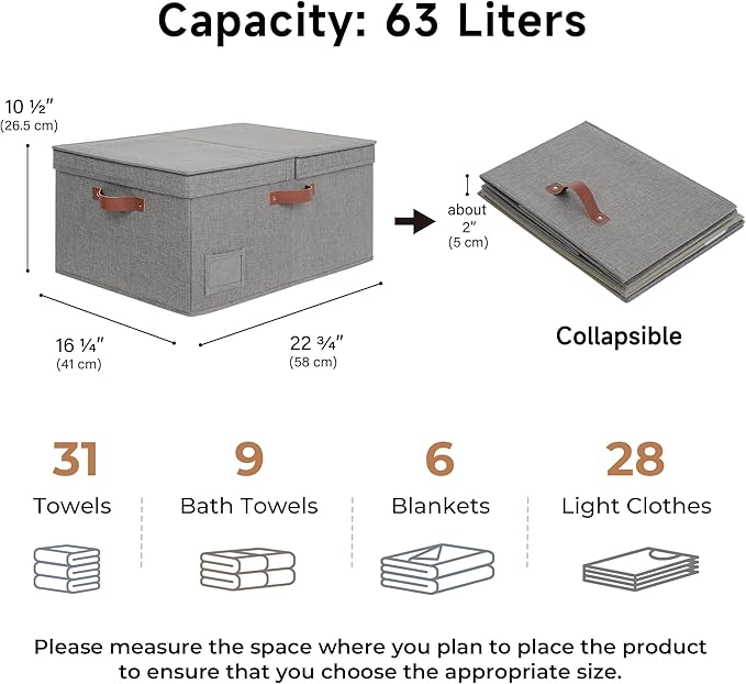 GRANNY SAYS Large Storage Bins With Lids, Decorative Boxes, Fabric Containers With Double-Open Lid and Divider, Collapsible Clothes Organizers, 63L Linen for Closet, Dark Gray