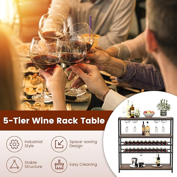 GOFLAME Industrial Wine Rack Table, Wine Bar Cabinet with 2-Tier Wine Rack, 4 Row Glass Holder and Storage Shelves, Freestanding Floor Liquor Storage Stand for Kitchen, Dining Room, Rustic Brown