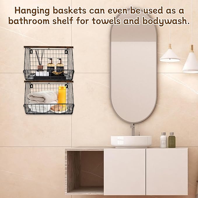 CYEAH 2 Pcs Stackable Fruit Basket for Kitchen, Hanging Wall Fruit Basket with Wood Lid, Space Saving Wall Mounted Mesh Metal Wire Baskets, Kitchen Counter Organizer for Snack, Onion, Potato Storage